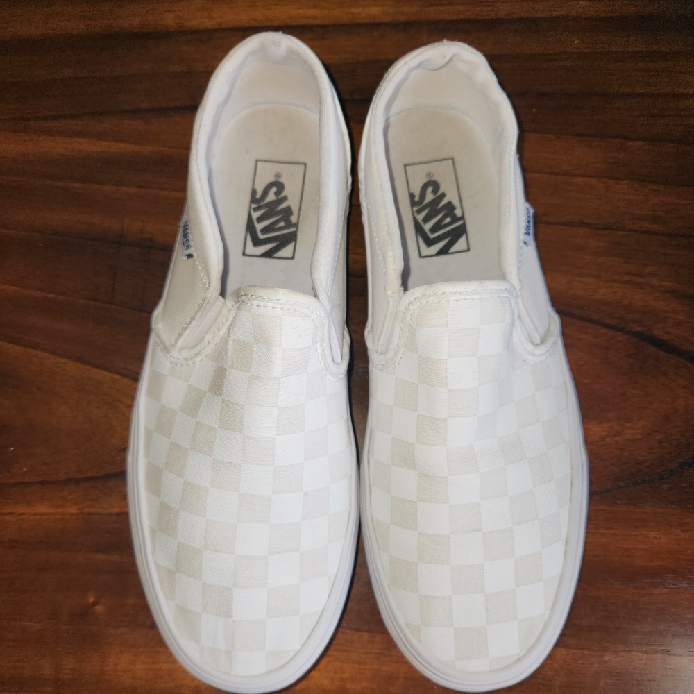 Vans Asher Checkerboard/White Slip-Ons.  Womens size 8. EUC